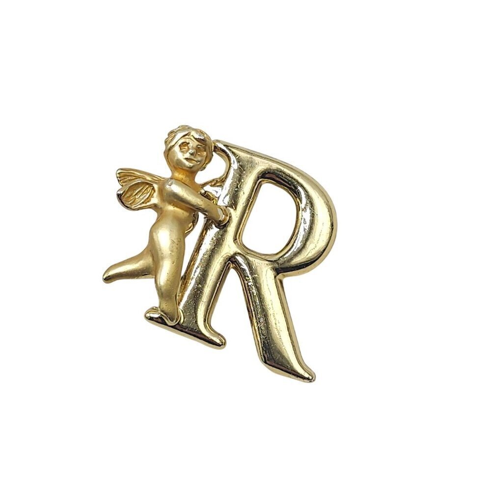 Vintage Gold Angel Initial R Cherub Decorative Brooch Pin L Razza Signed
